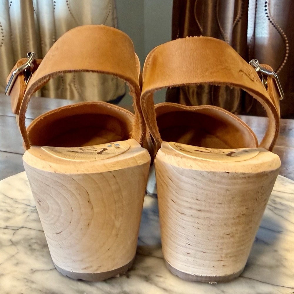 NEW Lotta from Stockholm Tan Wood Wooden Clog Sandals Leather Buckle Strap EU 38 - Picture 4 of 8